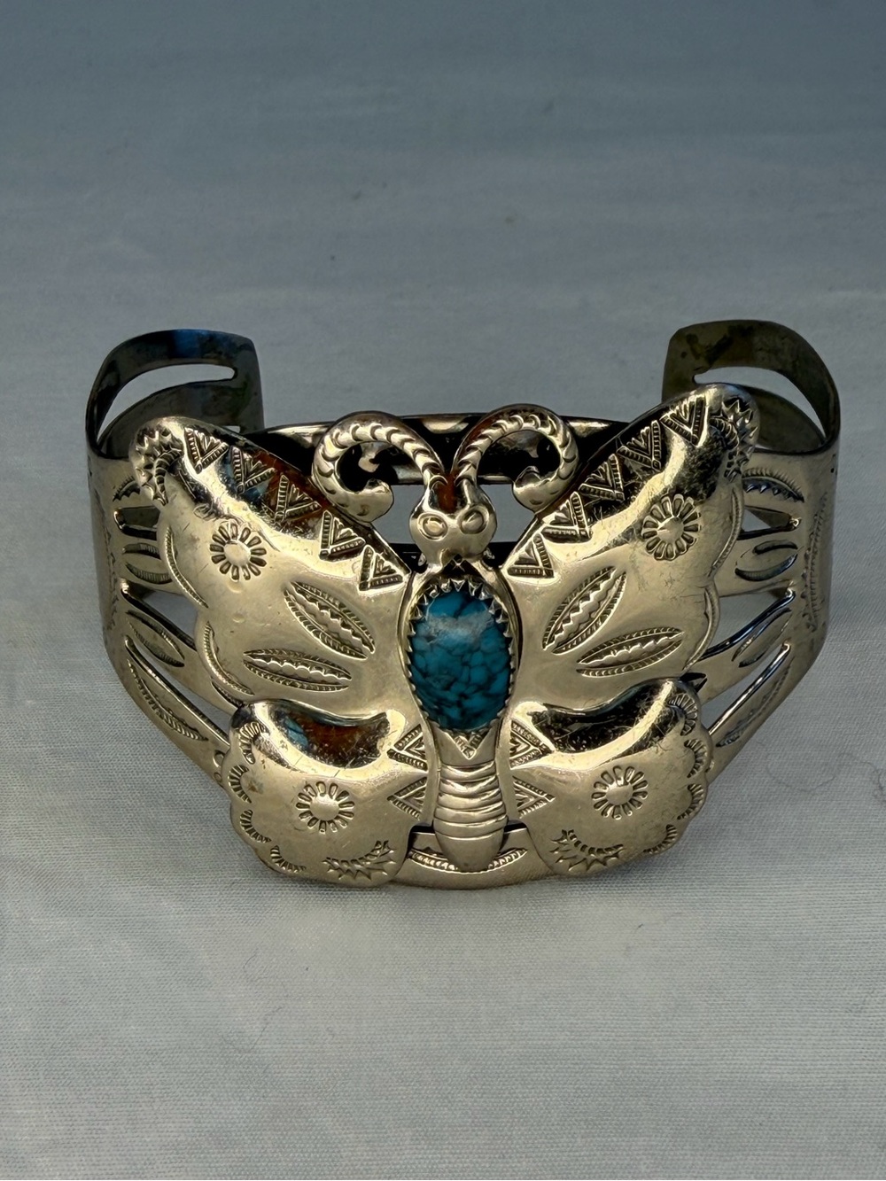 Vintage Bell Trading Post butterfly cuff bracelet nickel silver turquoise stone.